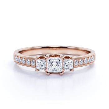 Vintage 1 Carat Princess Cut Fire Moissanite & Diamond 3 Stone Wedding Ring in Rose Gold