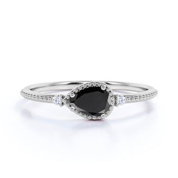 Milgrain Set Pear Shaped Black Diamond and White Diamond Accents 3 Stone Engagement Ring in White Gold