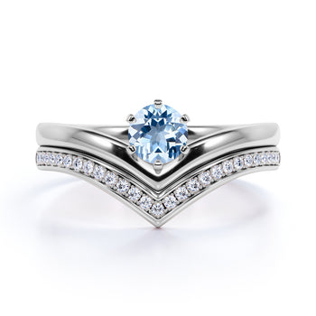 Vintage .83 Carat Round Cut Aquamarine & Pave Diamond Chevron Wedding Ring Set in White Gold