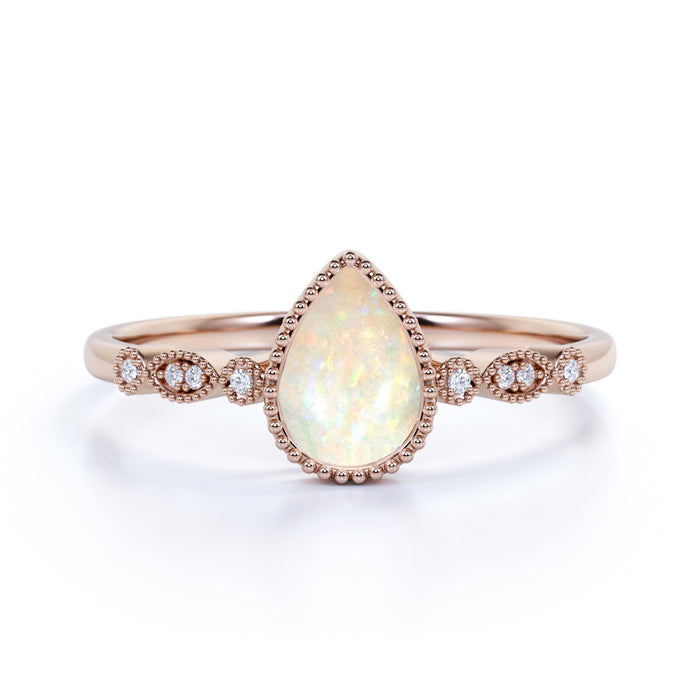 Classic Milgrain Pear Shaped Fire Opal with Diamond Accents Scalloped Engagement Ring in Rose Gold