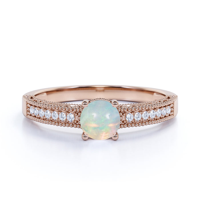 Classic Vintage 1 Carat Natural Round Cut Fire Opal and Diamond Accents Milgrain Engagement Ring in Rose Gold