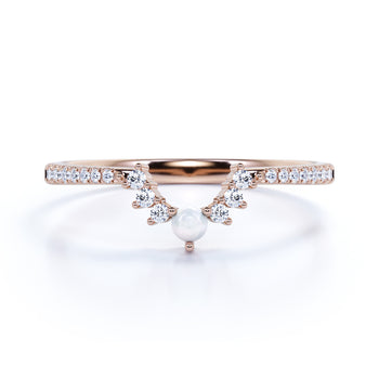 .65 Carat Vintage Pearl & Moissanite Pave Dainty Stackable Wedding Ring Band in Rose Gold