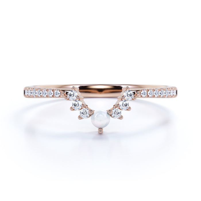 .65 Carat Vintage Pearl & Moissanite Pave Dainty Stackable Wedding Ring Band in Rose Gold