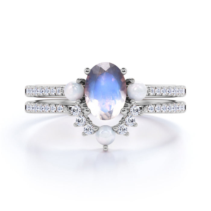 Antique 1.50 Carat Real Oval Blue Moonstone, Pearl & Diamond Wedding Ring Set in Rose Gold