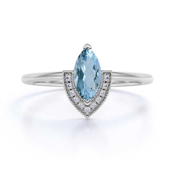 Vintage 0.75 Carat Marquise Cut Aquamarine & Diamond Semi Halo Wedding Ring in White Gold