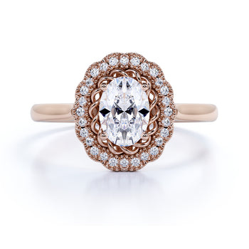 Unique 1.5 Carat Oval Cut Fire Moissanite & Diamond Vintage Halo Wedding Ring in Rose Gold