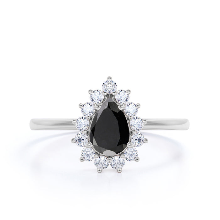 Elegant 2 Carat Vintage Pear Cut Black Diamond and White Diamond Halo Engagement Ring in White Gold