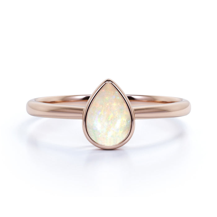 1 Carat Natural Minimalist Bezel Set Pear Shaped Fire Opal Solitaire Engagement Ring in Rose Gold