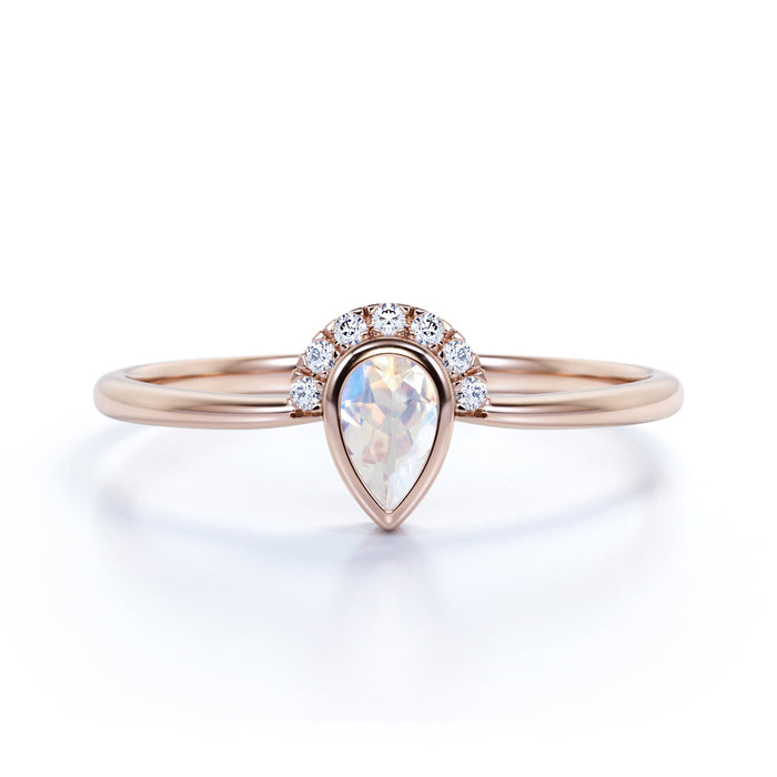 .75 Carat Bezel Set Art Deco Teardrop Rainbow Moonstone & Diamond Promise Ring in Rose Gold