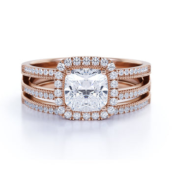 1.75 Carat Cushion Cut Moissanite & Diamond Split Shank Halo Engagement Ring Set in Rose Gold