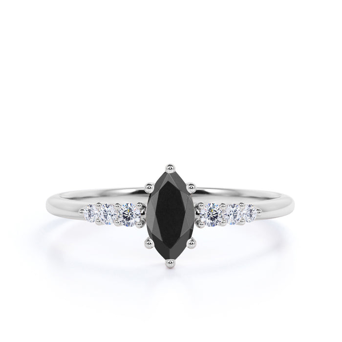Elegant 1.5 Carat Vintage Marquise Cut Black Diamond and Pave White Diamond Accents Engagement Ring in White Gold