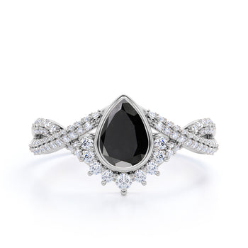 Stunning Vintage 2 Carat Pear Shaped Black Diamond and White Diamond Antique Engagement Ring in White Gold
