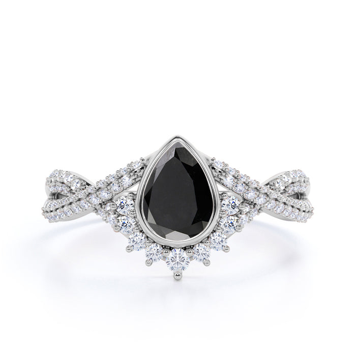 Stunning Vintage 2 Carat Pear Shaped Black Diamond and White Diamond Antique Engagement Ring in White Gold