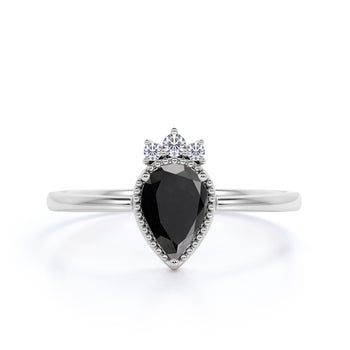 1.25 Carat Elegant Pear Shaped Black Diamond and White Diamond Crown Engagement Ring in White Gold