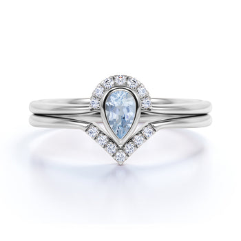 Art Deco .75 Carat Bezel Set Pear Shaped Aquamarine & Diamond Wedding Set in White Gold