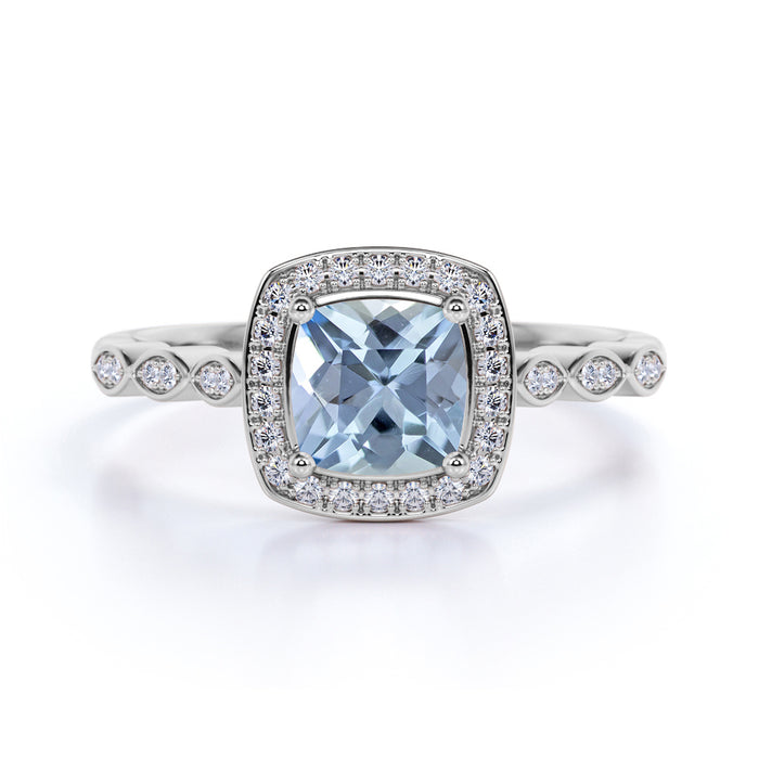 Artdeco 1.50 Carat Cushion Cut Aquamarine & Diamond Vintage Engagement Ring in White Gold