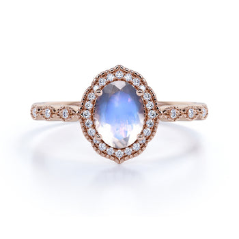 1.5 Carat Vintage Art Deco Oval Blue Moonstone & Diamond Halo Wedding Ring in Rose Gold