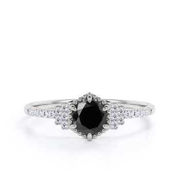 1.50 Carat Round Cut Black Diamond and Pave White Diamond Accents Cluster 6 Prong Engagement Ring in White Gold