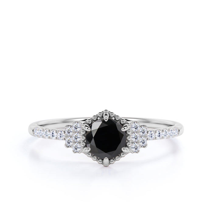 1.50 Carat Round Cut Black Diamond and Pave White Diamond Accents Cluster 6 Prong Engagement Ring in White Gold