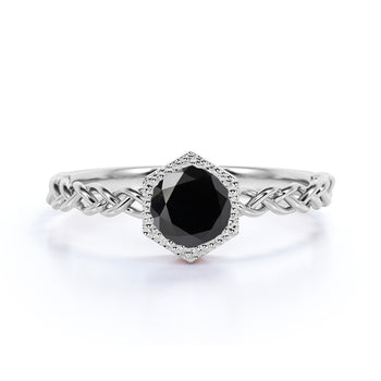 Unique Bezel Set 1 Carat Round Black Diamond Braided Band Solitaire Engagement Ring in White Gold