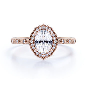 1.5 Carat Vintage Art Deco Oval Fire Moissanite & Diamond Halo Wedding Ring in Rose Gold