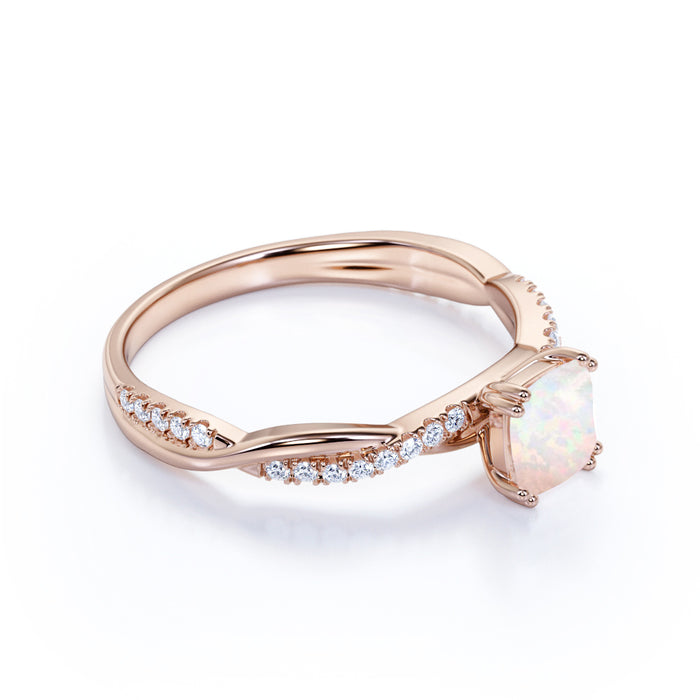 1.5 Carat Natural Cushion Rainbow Opal and Pave Diamond Twist Engagement Ring in Rose Gold