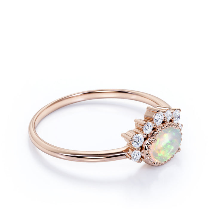 1.5 Carat Real Vintage Oval Cut Australian Opal and Diamond Accents Cluster Engagement Ring in Rose Gold