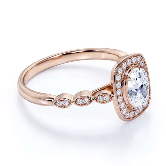 Vintage 1.5 Carat Bezel Set Oval Fire Moissanite & Diamond Halo Engagement Ring in Rose Gold