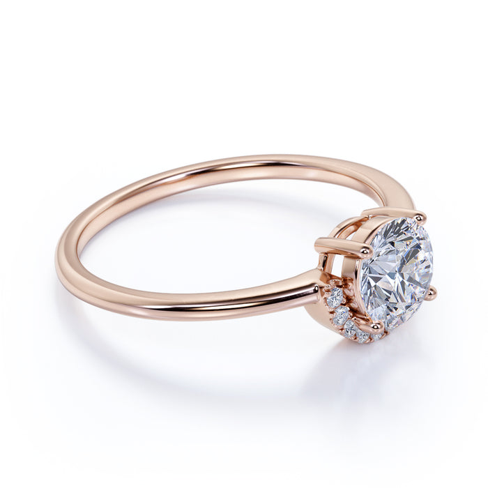 Simple .75 Carat Round Fire Moissanite & Diamond Vintage Halo Promise Ring in Rose Gold