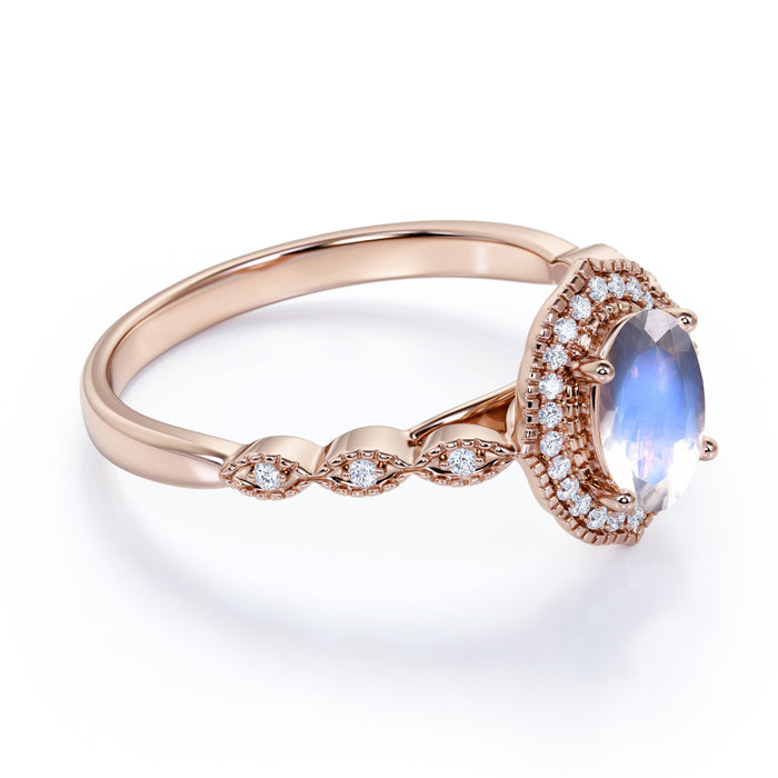 1.5 Carat Vintage Art Deco Oval Blue Moonstone & Diamond Halo Wedding Ring in Rose Gold