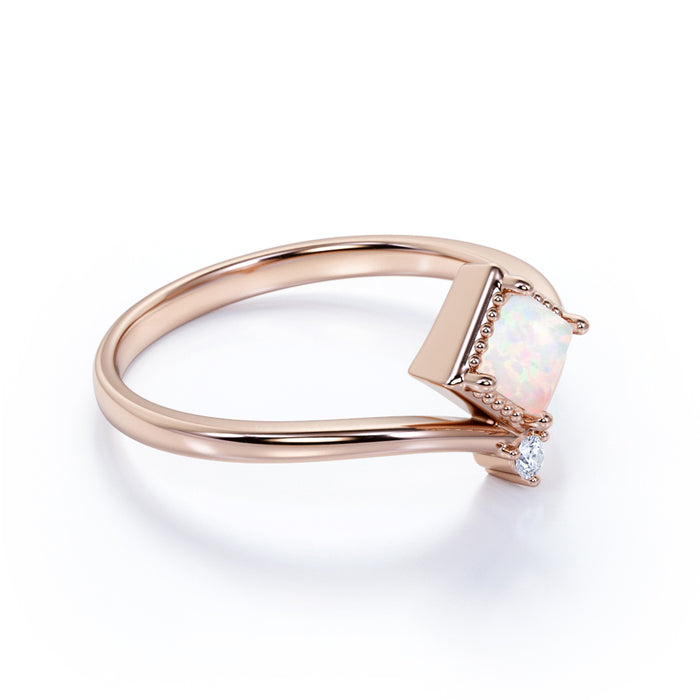 Unique 1.5 Carat Genuine Princess Cut Fire Opal and Diamond Duo Chevron Engagement Ring in Rose Gold