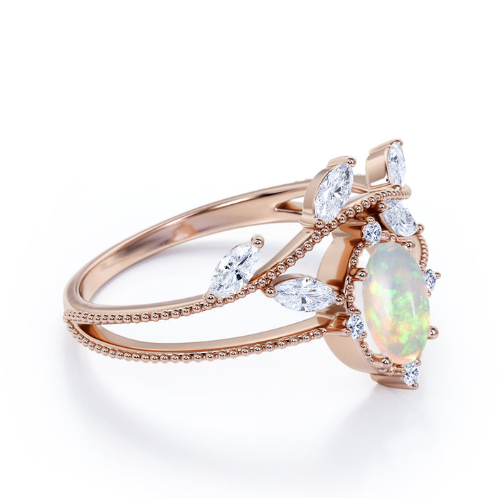 2 Carat Natural Oval Fire Opal with Marquise & Round Cut Diamond Accents Vintage Engagement Ring in Rose Gold