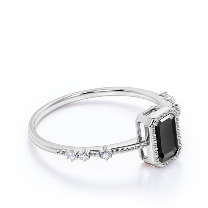 Unique 1.5 Carat Emerald Cut Black Diamond and White Diamond Milgrain Engagement Ring in White Gold