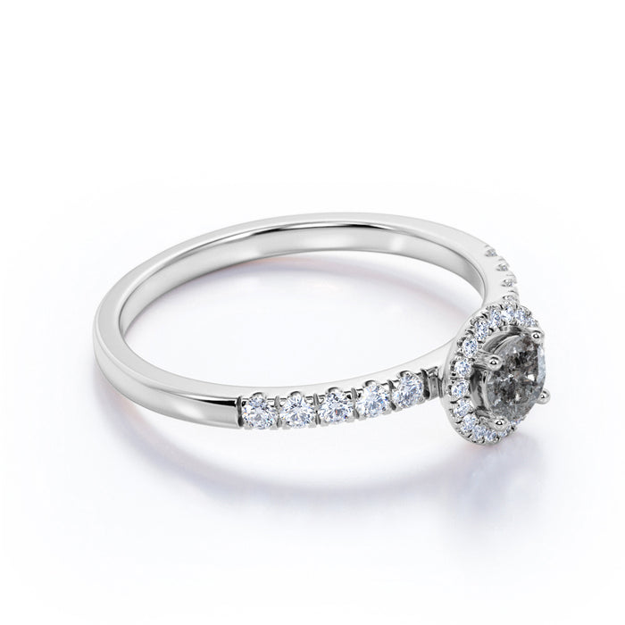 0.65 Carat Round Cut Rustic Salt and Pepper Diamond Pave Halo Engagement Ring in White Gold