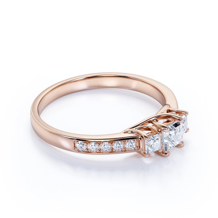 Vintage 1 Carat Princess Cut Fire Moissanite & Diamond 3 Stone Wedding Ring in Rose Gold