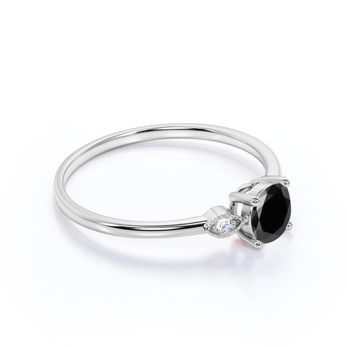 1.25 Carat Vintage 3 Stone Round Black Diamond and White Diamond Milgrain Engagement Ring in White Gold