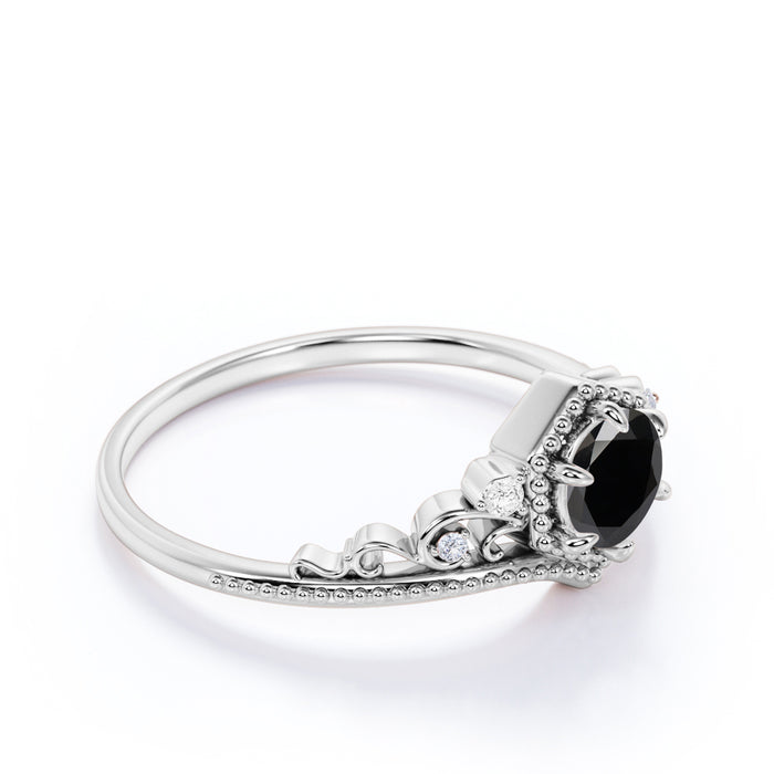 1.25 Carat Antique Floral Milgrain Round Black Diamond and White Diamond Accents Vintage Engagement Ring in White Gold