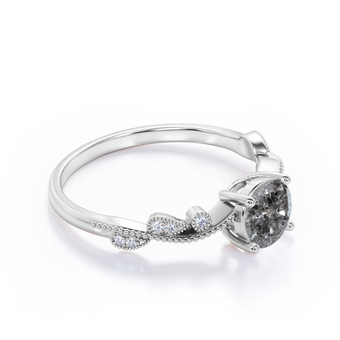 1.10 Carat Round Brilliant Dark Grey Salt and Pepper Diamond Art Deco Engagement Ring in White Gold