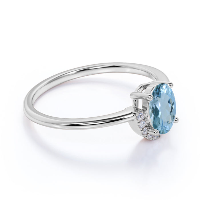Simple .75 Carat Oval Aquamarine & Diamond Vintage Semi Halo Engagement Ring in White Gold