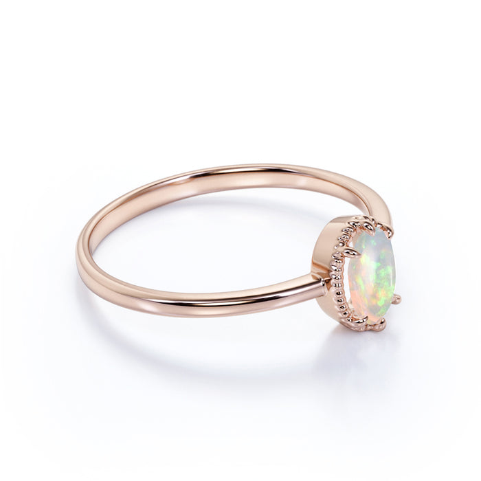 1 Carat Natural Simple Oval Ethiopian Opal Vintage Solitaire Engagement Ring in Rose Gold
