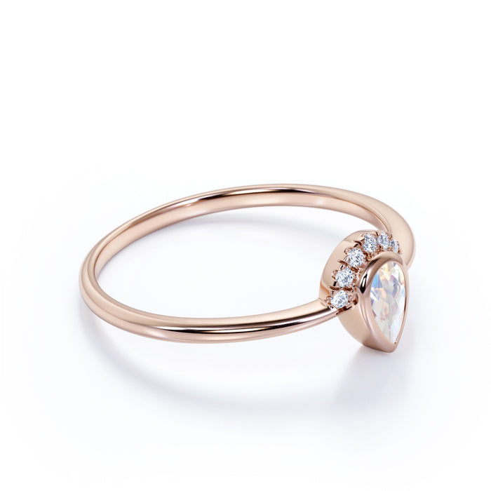 .75 Carat Bezel Set Art Deco Teardrop Rainbow Moonstone & Diamond Promise Ring in Rose Gold