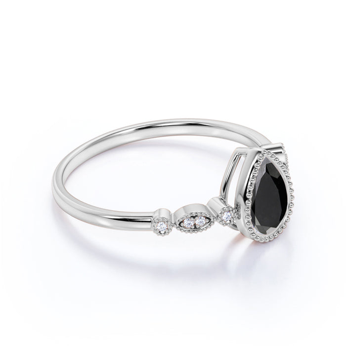 Classic Milgrain Pear Shaped Black Diamond with White Diamond Accents Scalloped Engagement Ring in White Gold