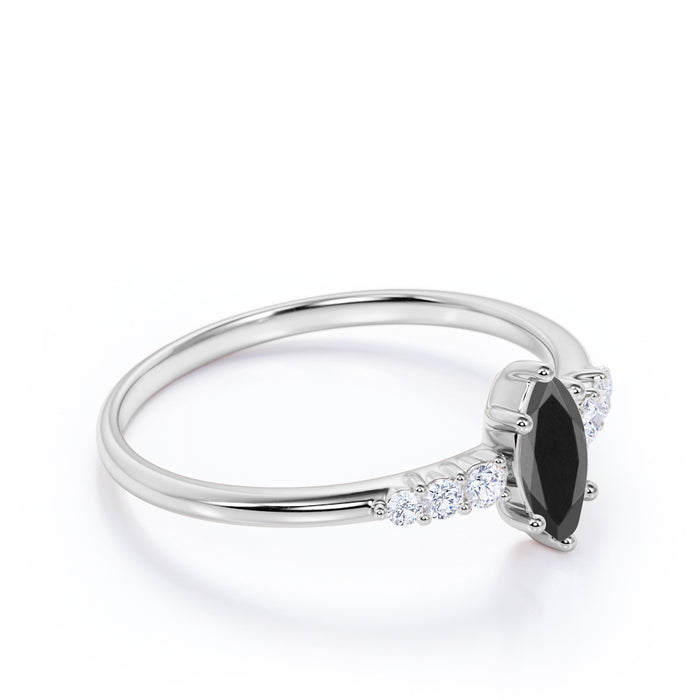 Elegant 1.5 Carat Vintage Marquise Cut Black Diamond and Pave White Diamond Accents Engagement Ring in White Gold