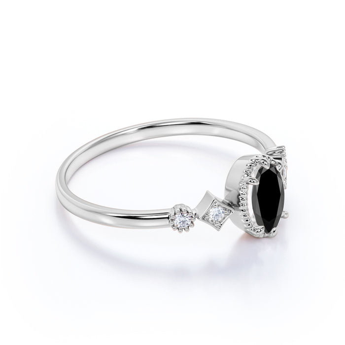 1.5 Carat Oval Cut Black Diamond and White Diamond Accents Milgrain 5 Stone Engagement Ring in White Gold