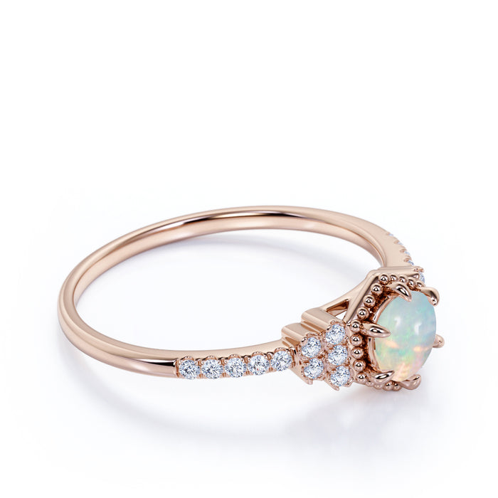 1.5 Carat Real Round Fire Opal and Pave Diamond Accents Cluster 6 Prong Engagement Ring in Rose Gold