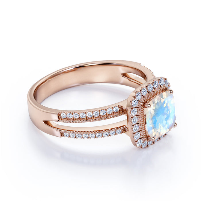 Vintage 1.50 Carat Cushion Cut Rainbow Moonstone & Diamond Halo Wedding Ring in Rose Gold