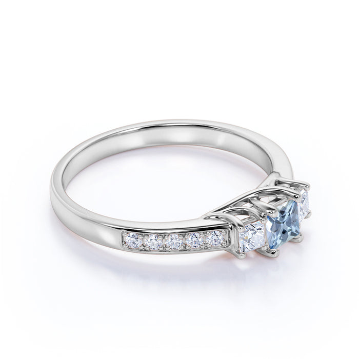 Vintage 1 Carat Princess Cut Aquamarine & Diamond 3 Stone Engagement Ring in White Gold