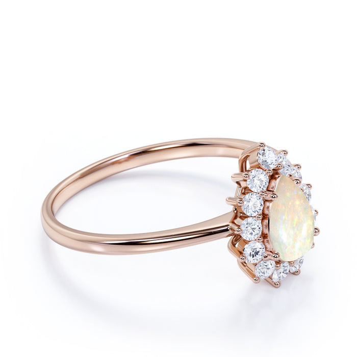 Elegant 2 Carat Real Vintage Pear Shaped Australian Opal and Diamond Halo Engagement Ring in Rose Gold