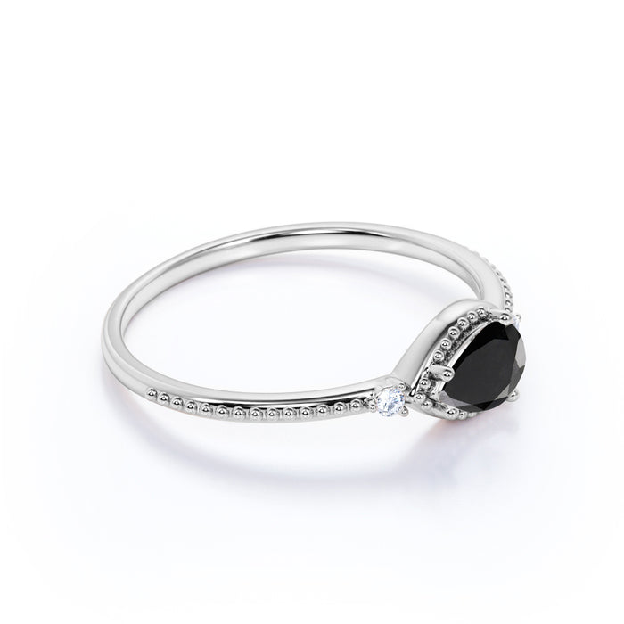 Milgrain Set Pear Shaped Black Diamond and White Diamond Accents 3 Stone Engagement Ring in White Gold