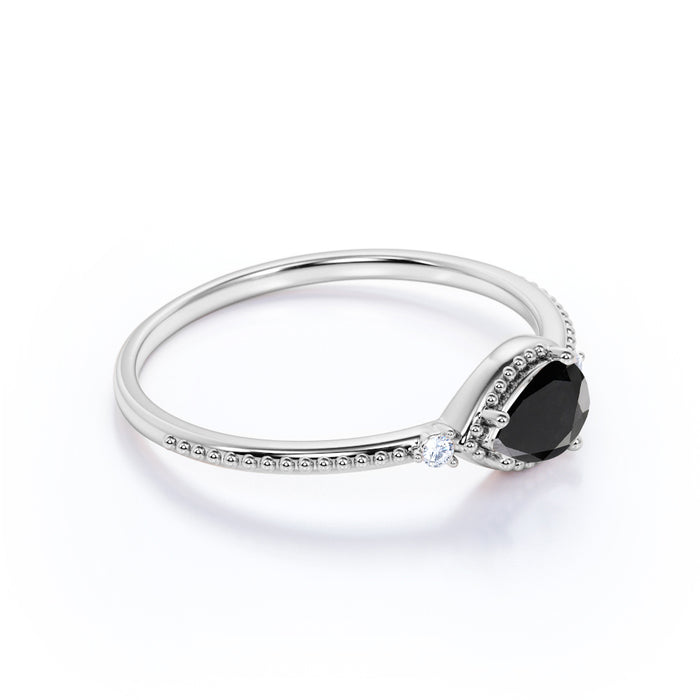 Milgrain Set Pear Shaped Black Diamond and White Diamond Accents 3 Stone Engagement Ring in White Gold